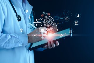 Medical technology, doctor use AI robots for diagnosis, care, and increasing accuracy patient treatment in future. Medical research and development innovation technology to improve patient health.